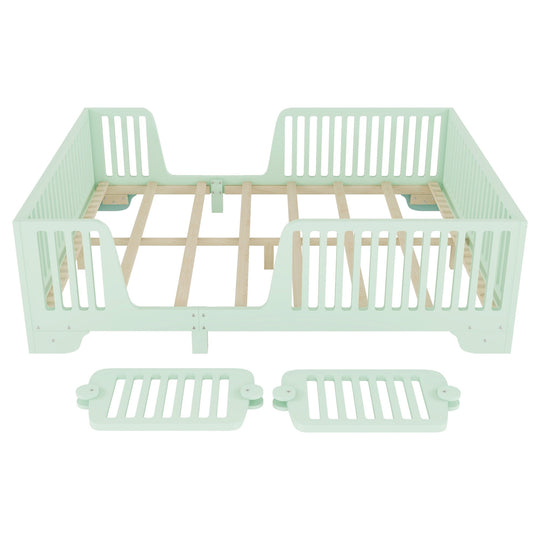 Full Size Montessori Floor Bed Frame with Safety Rails and Removable Door, Low Profile Kids Bed with Slatted Support