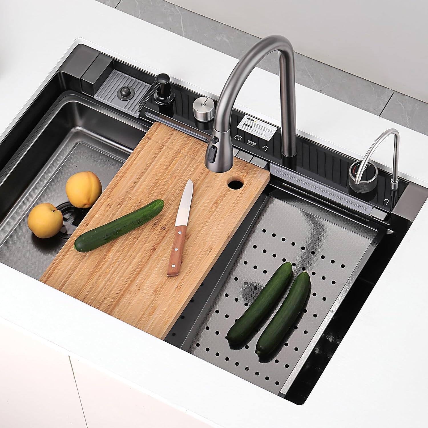 New 33"X22" Stainless Steel Waterfall Kitchen Sink with Temperature Display in Fahrenheit, Pull-Down, KS2206L-PRO