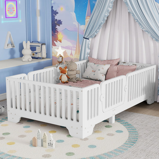 Full Size Montessori Floor Bed Frame with Safety Rails and Removable Door, Low Profile Kids Bed with Slatted Support