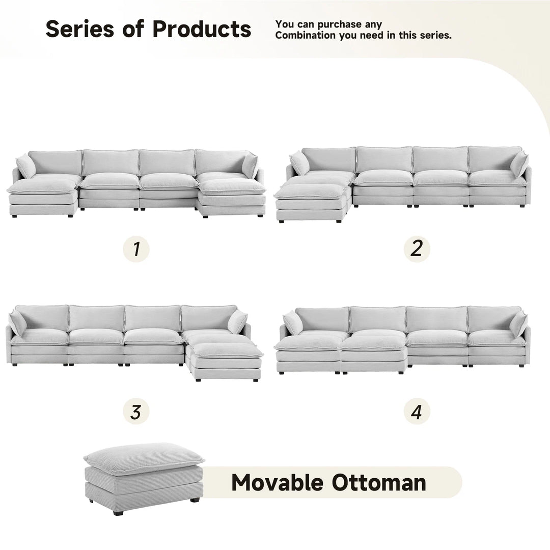 Corduroy Sectional Sofa with Removable Ottomans & Ultra-Soft Cushions for Living Room & Bedroom