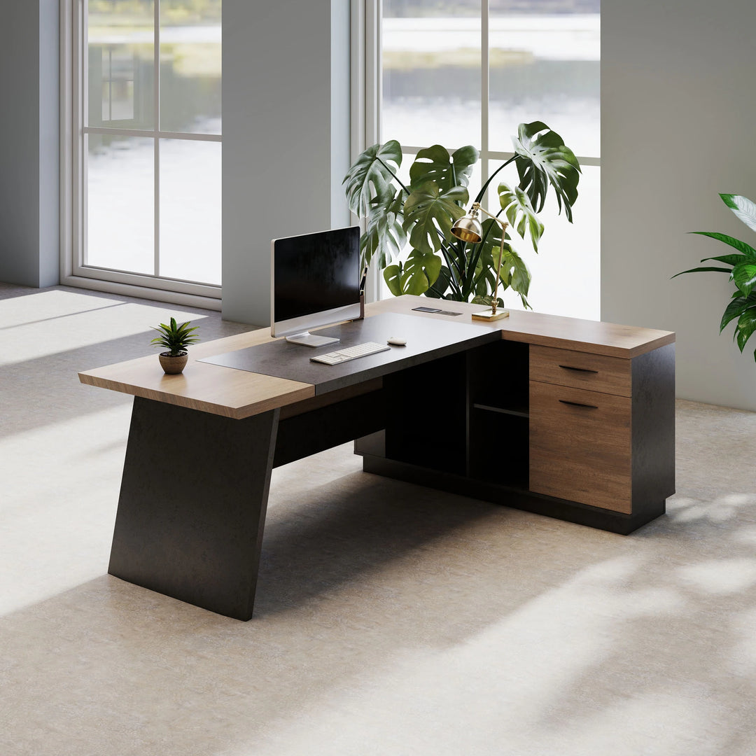 78.74 Inches L-Shape Executive Desk, Industrial Wood Desk with Cabinet Drawer Storage Shelves