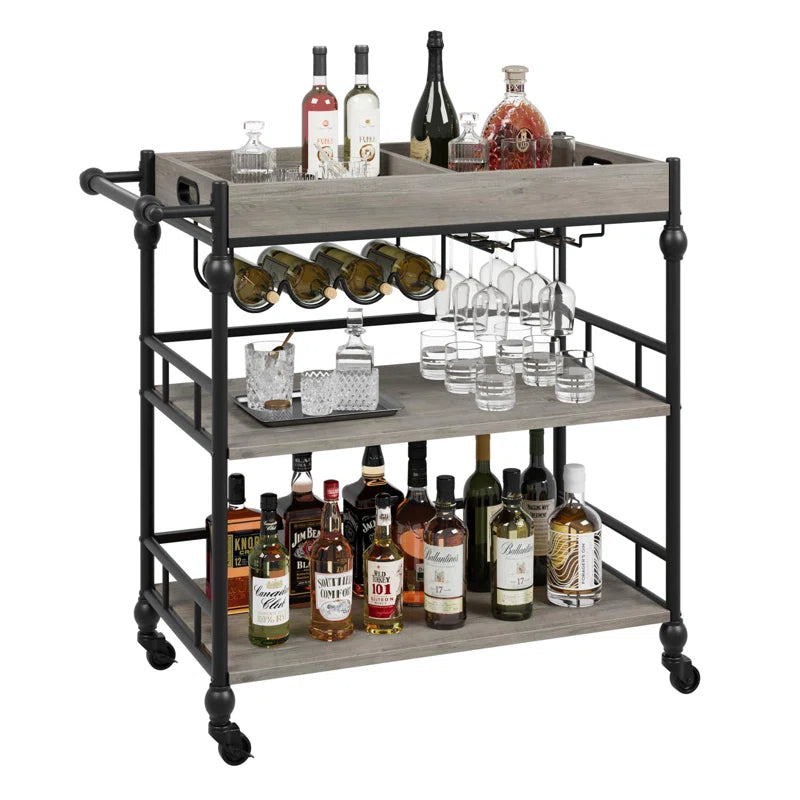 Serving Bar Cart for Home with Wine Rack & Glass Holders, Drink Trolley on Wheels