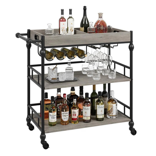 Serving Bar Cart for Home with Wine Rack & Glass Holders, Drink Trolley on Wheels