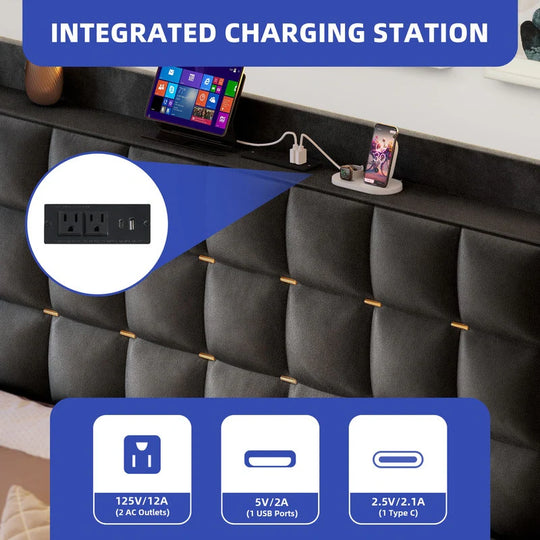 Queen/King Size Velvet Upholstered Bed with Charging Station and Storage Drawers