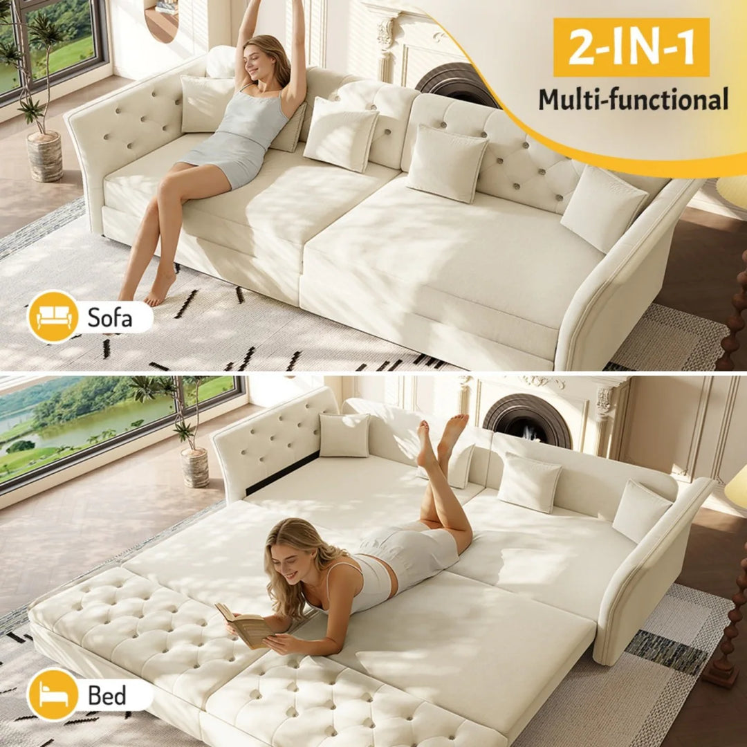 100" Velvet Convertible Sofa Bed with with Fabric Flower Tufted Design