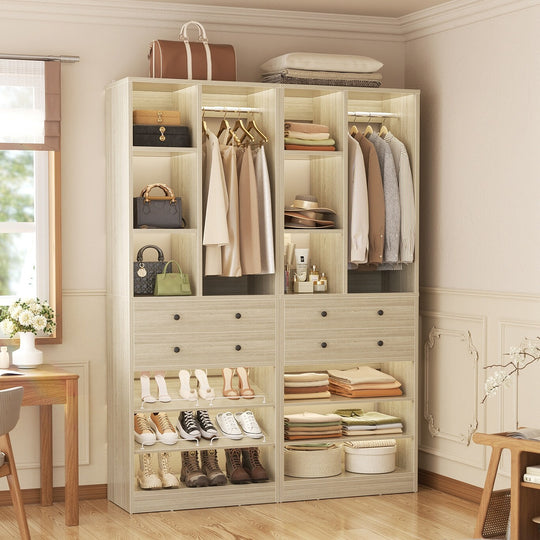 Grimm 28'' Closet Organizer with Shoe Racks and Drawers, Closet System with Hanging Rod and Adjustable Shelves