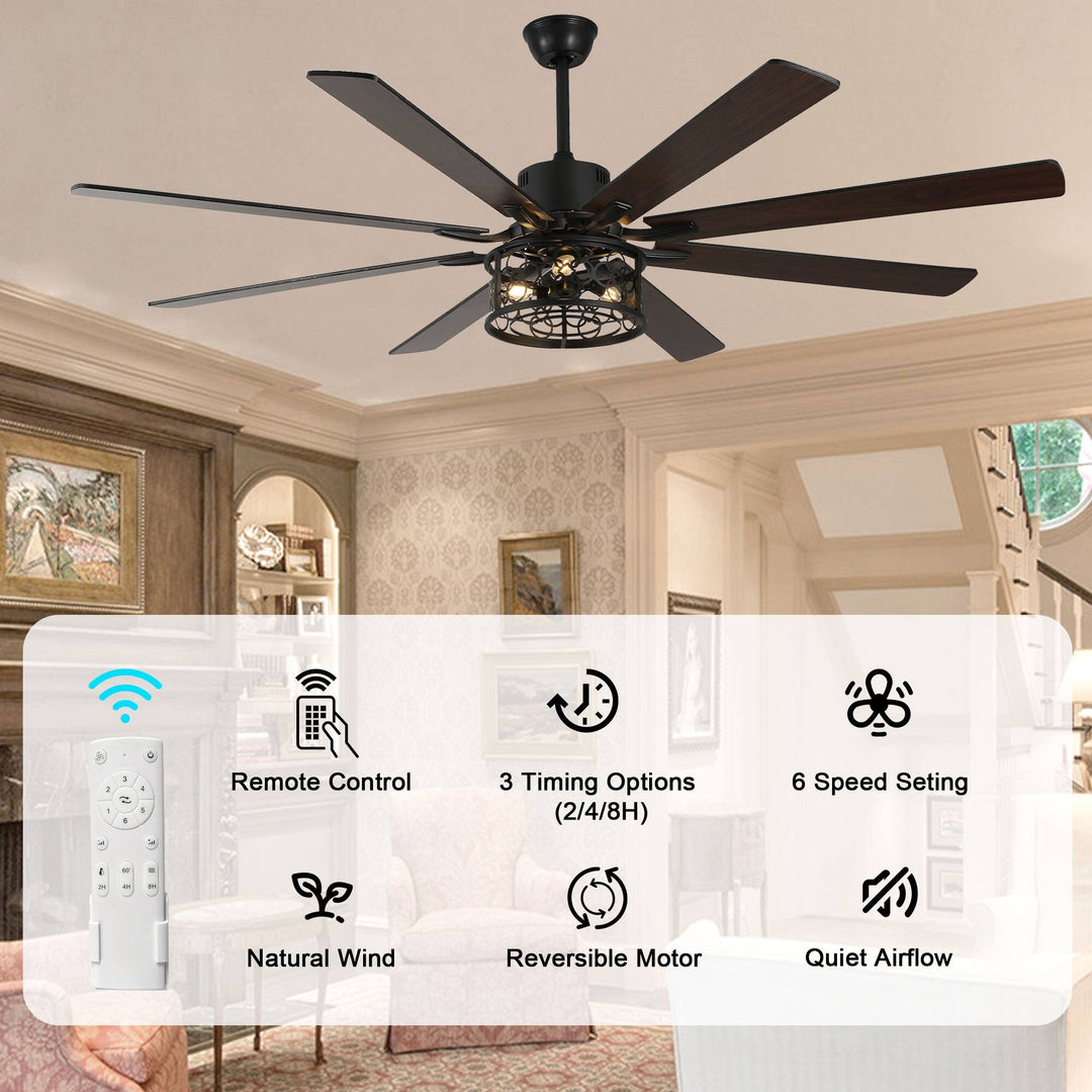 72" Rustic Large Ceiling Fan with Light and Remote 6-Speed 3-Light Farmhouse Metal Caged Black Ceiling Fan