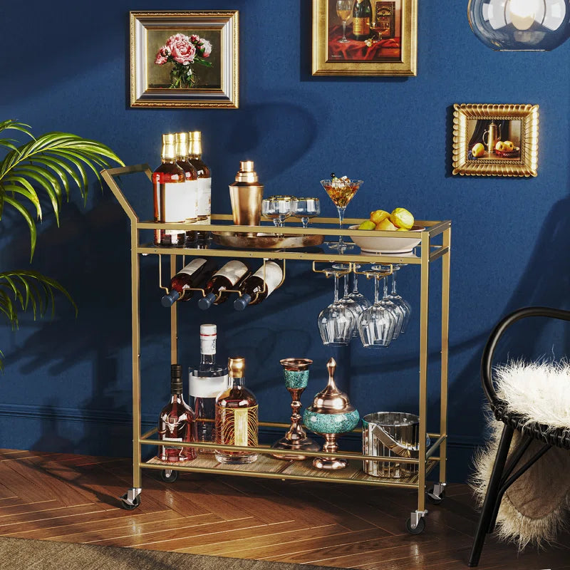2-Tier Bar Cart Serving Cart Kitchen Cart with Wine Rack and Glass Holder