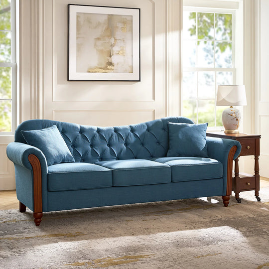 Mario Traditional 83"Wide Tufted Sofa with Solid Wood Legs and Pillows by