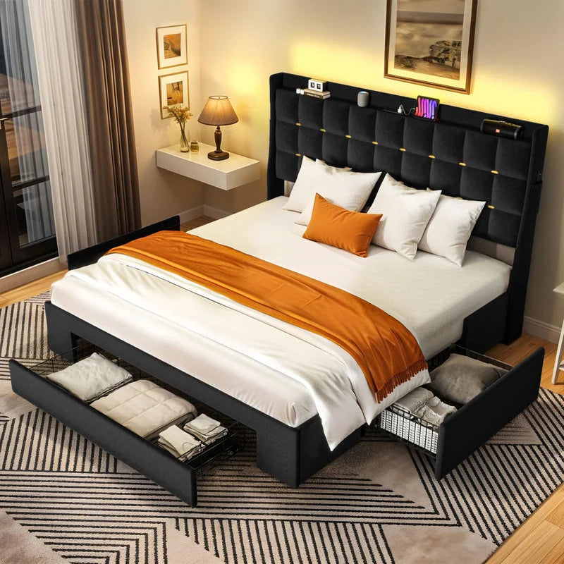 Queen/King Size Velvet Upholstered Bed with Charging Station and Storage Drawers
