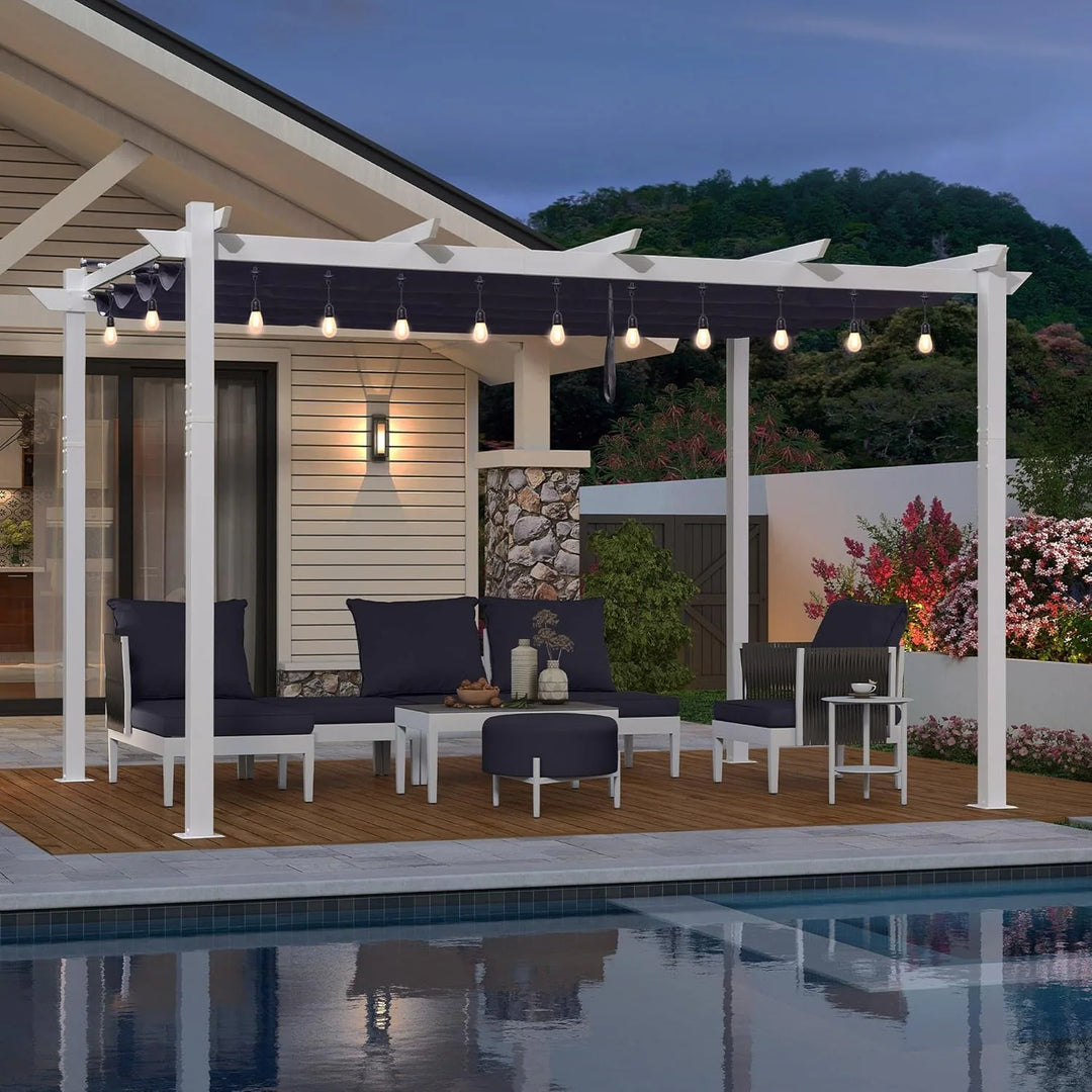 Gazebo Outdoor Retractable White Heavy-Duty Aluminum Pergola with Extra Top Roof