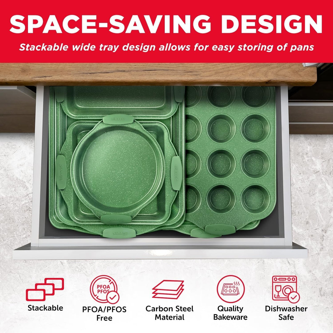 BAKKEN Kitchen Baking Pan Set - Nonstick Green Marble Coating, Carbon Steel Bakeware Sets with Green Silicone Handles,