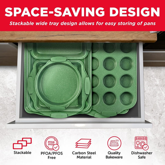 BAKKEN Kitchen Baking Pan Set - Nonstick Green Marble Coating, Carbon Steel Bakeware Sets with Green Silicone Handles,