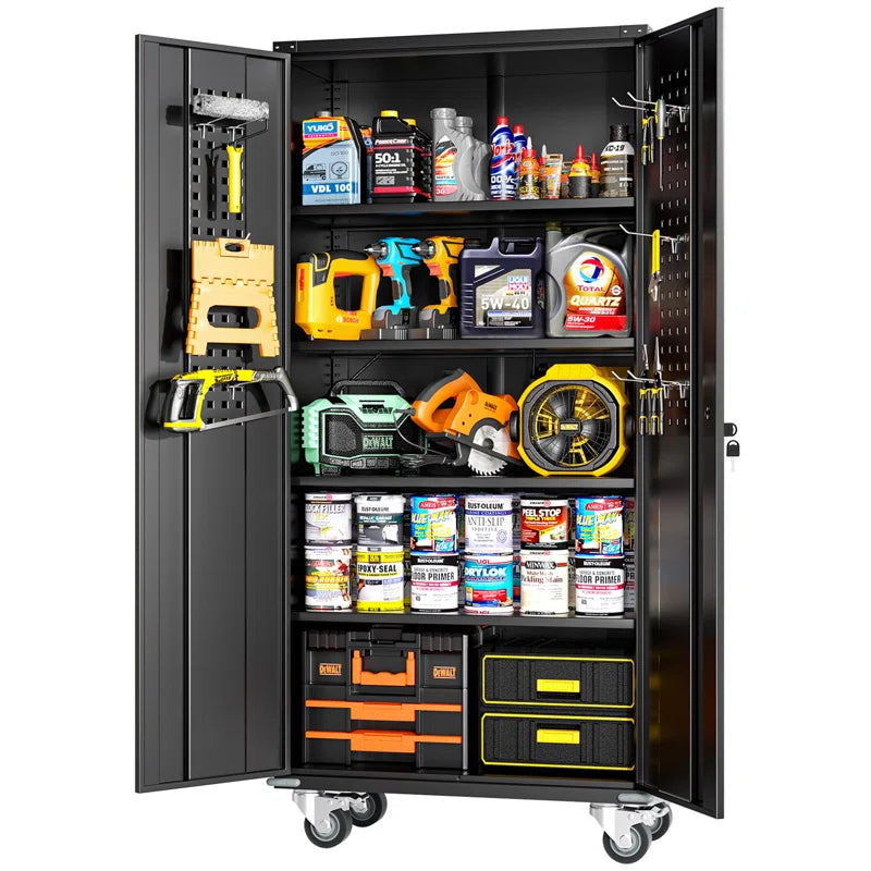 Metal Garage Storage Cabinets with Wheels & Pegboard, 72"H Rolling Storage Cabinet with Lockable Doors and 4 Adjustable Shelves, (72" H×32" W×16" D)