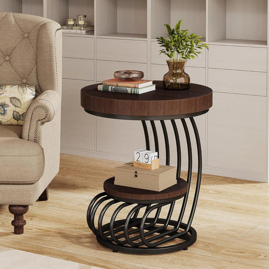2 Tiers round End Table with Shelf Storage, Arc-Shaped Side Sofa Table