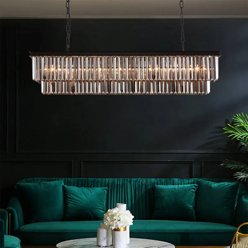 47 In. Smoked Gray and Black Modern Contemporary Crystal Chandelier 2-Tier Linear Kitchen Island Pendant Light for Dining Room