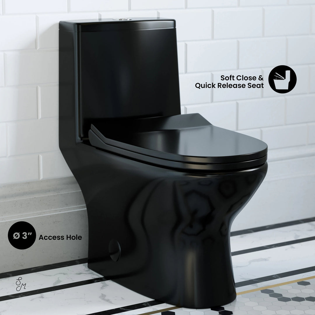 Ivy One Piece Toilet Dual Vortex Flush in Glossy Black 1.1/1.6 Gpf - 27.0" X 13.5" X 28.5"