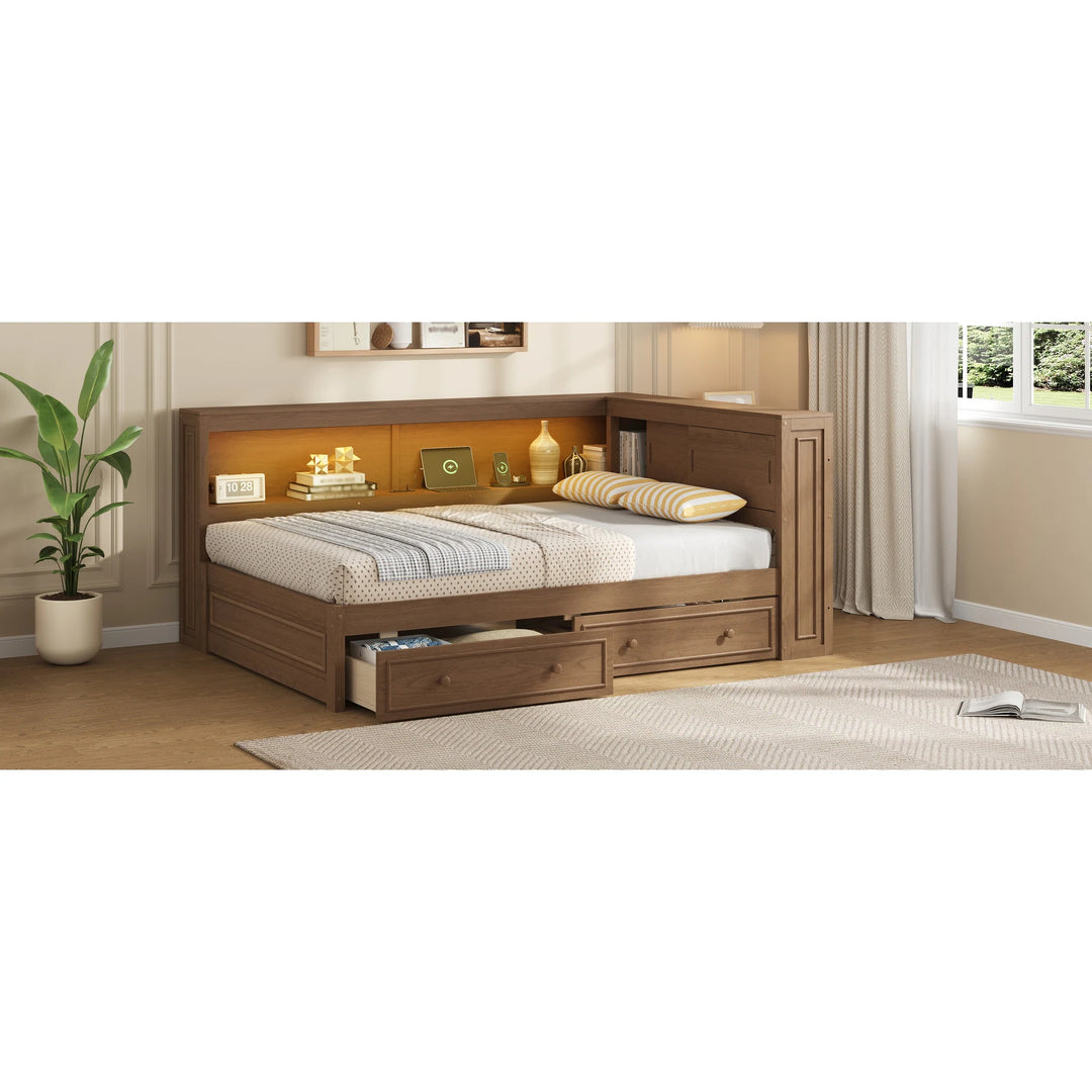 Full Size Wood Daybed with Storage Shelves, USB, LED, and 2 Drawers