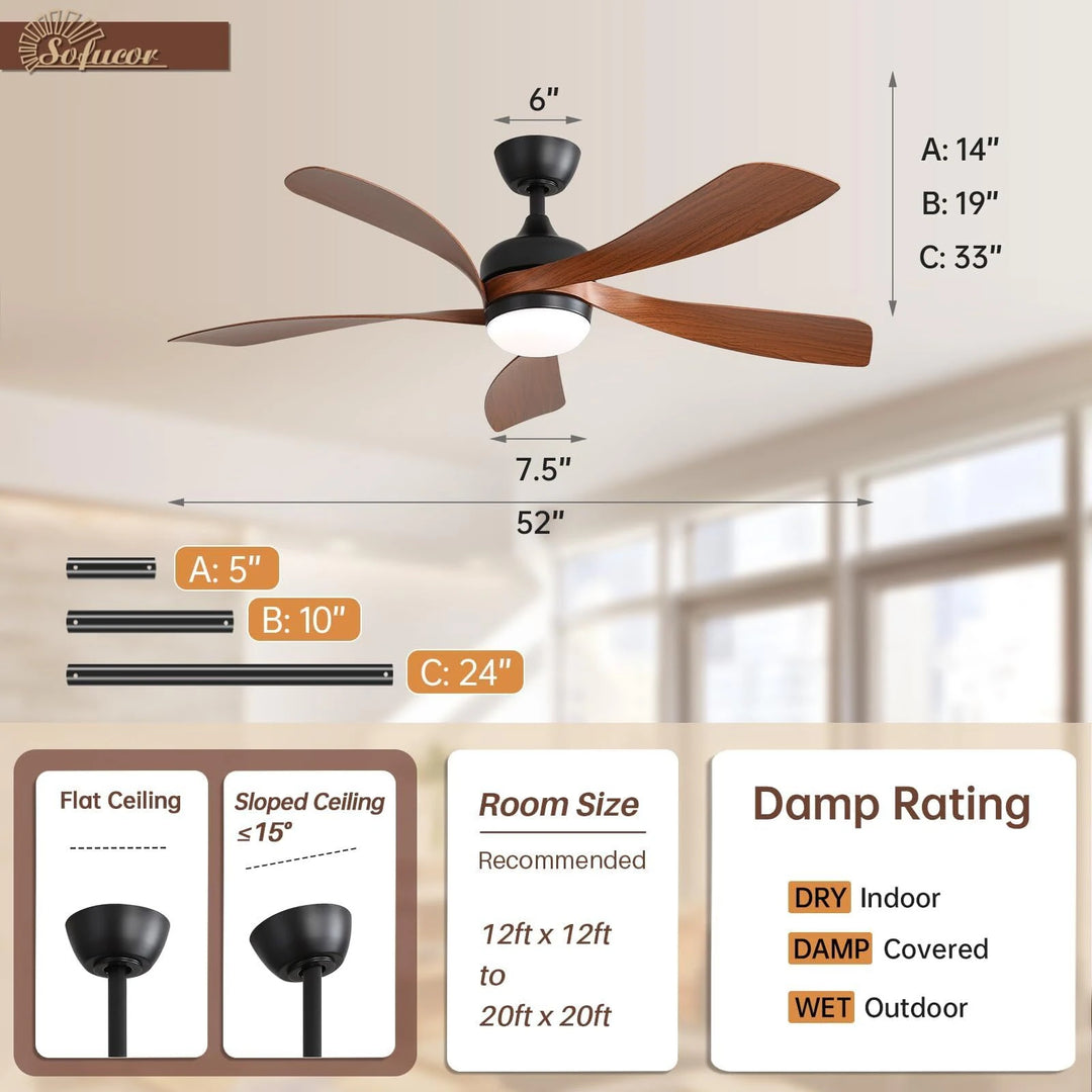 Sofucor 45/52 Inch Ceiling Fan with Remote & Lights Quiet DC Motor 5 Blade High CFM Modern Fan
