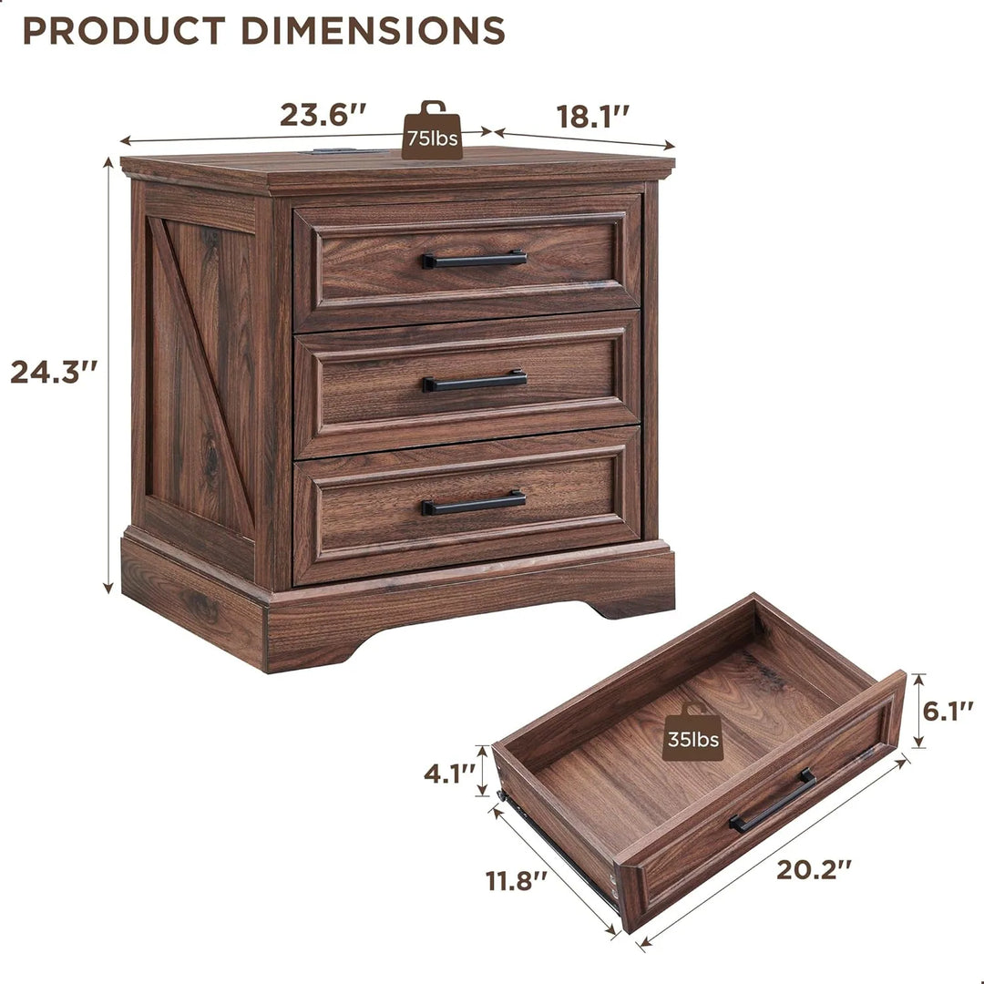 Farmhouse 3-Drawer Nightstand, Wide End Table with Charging Station