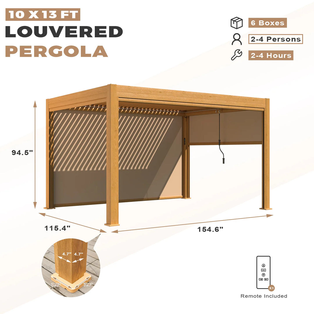 Outdoor Louvered Pergola Gazebo with Adjustable Aluminum Rainproof Roof and Pull-Down Screen