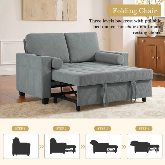3-In-1 Pull-Out Sleeper Sofa Bed Convertible Adjustable Multi-Functional Loveseat with USB Port