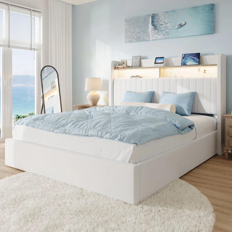 Hydraulic Lift up Storage Upholstered Platform Wingback LED Bed with 2-Tier Shelves and Charging Station