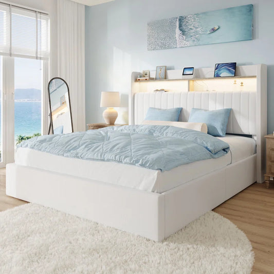 Hydraulic Lift up Storage Upholstered Platform Wingback LED Bed with 2-Tier Shelves and Charging Station