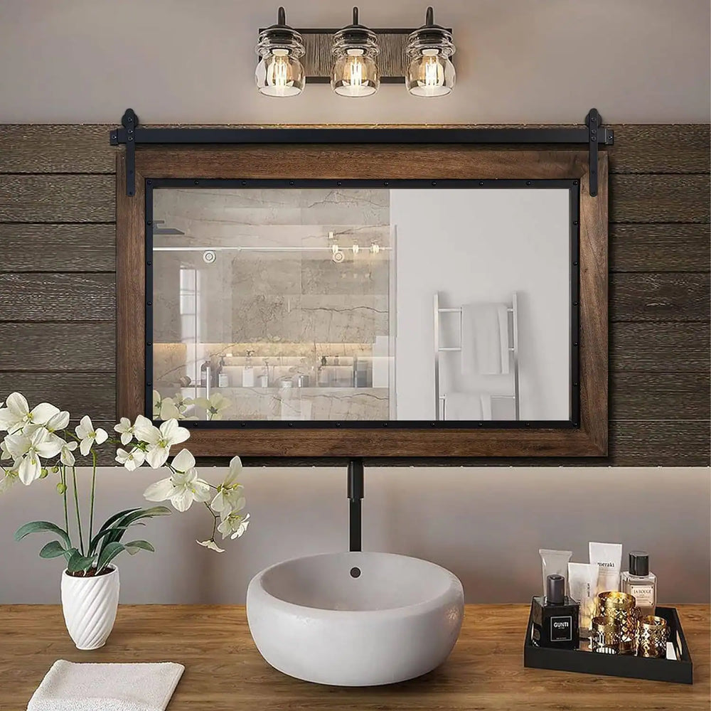 Farmhouse Barn Door Style Natural Wood Bathroom Vanity Wall Mirror
