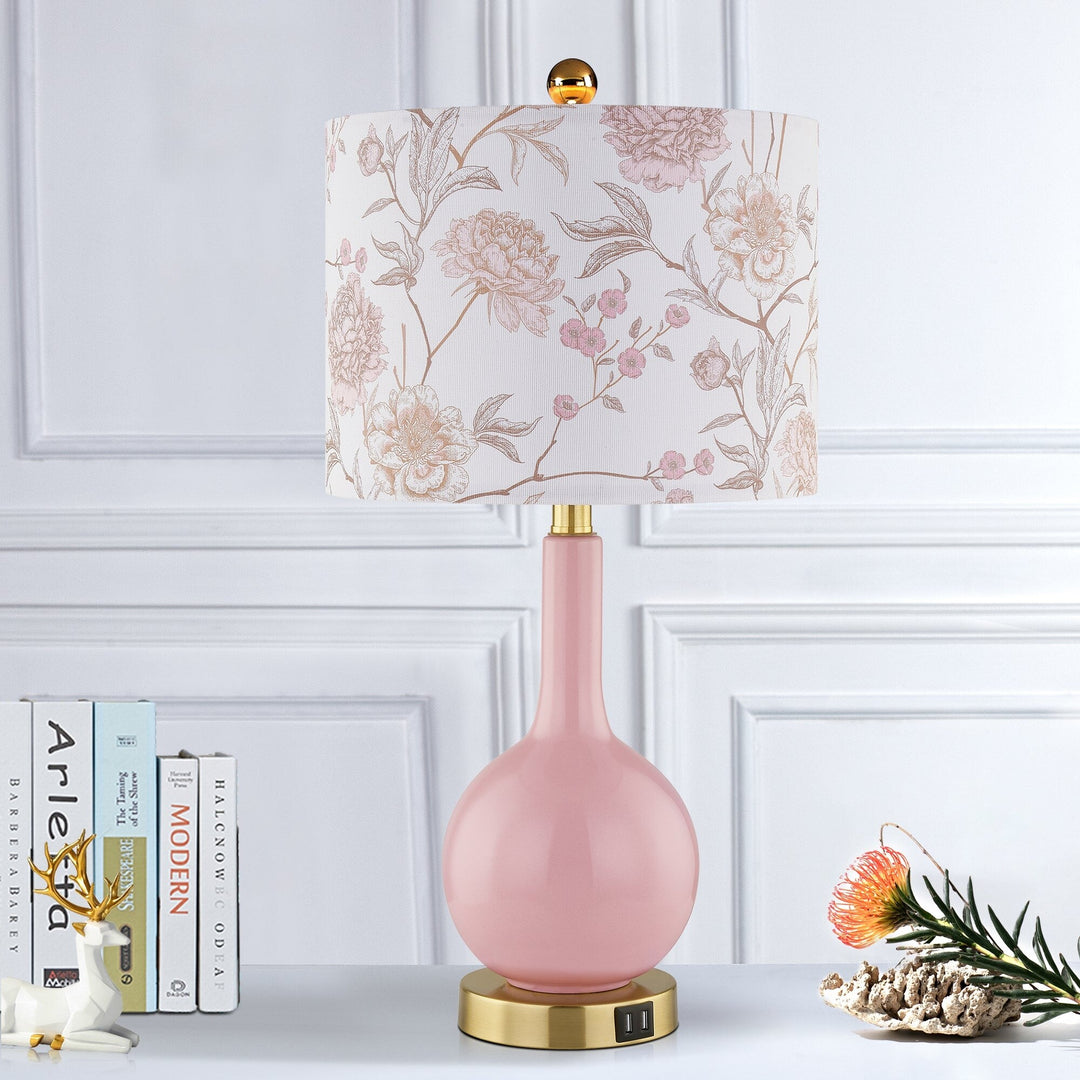 Pink Ceramic Table Lamp with Dimmable Touch Control and Dual USB Charging Ports