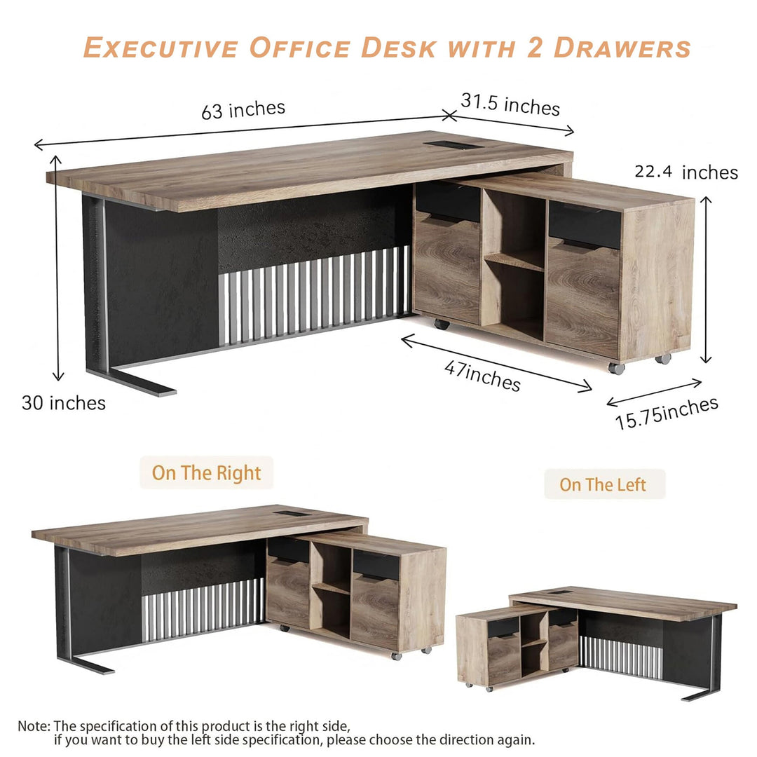 WESOME L-Shaped Executive Office Desk with 2 Drawers 4 Wheels File Cabinets Cable Management