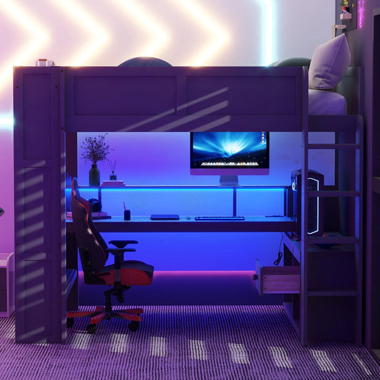 Full Size Gaming Loft Bed with Desk, Multi-Storage Shelves, LED and Charging Station, Dark Design