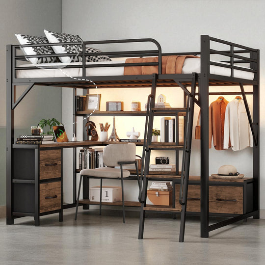 Full/Queen Size Metal Loft Bed with Desk, LED Lights, USB Ports, Shelves, Drawers, and Wardrobe, Black