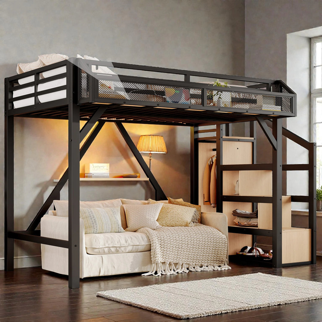 Metal Loft Bed with Storage Stairs, Built-In Wardrobe, Shelves, USB Ports, LED Lights & Noise-Reduced Frame