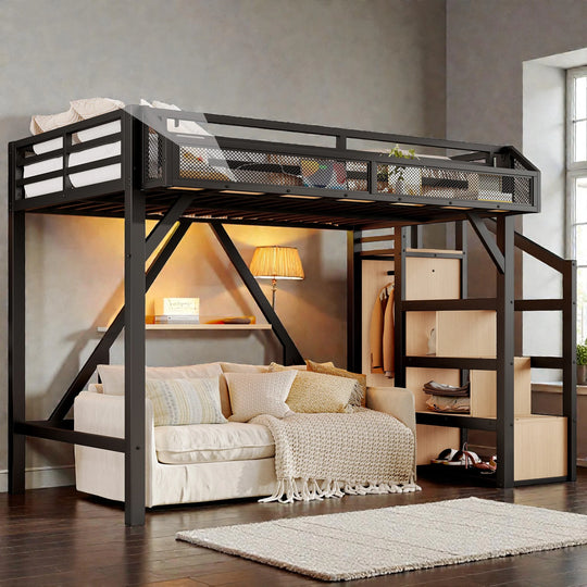 Metal Loft Bed with Storage Stairs, Built-In Wardrobe, Shelves, USB Ports, LED Lights & Noise-Reduced Frame