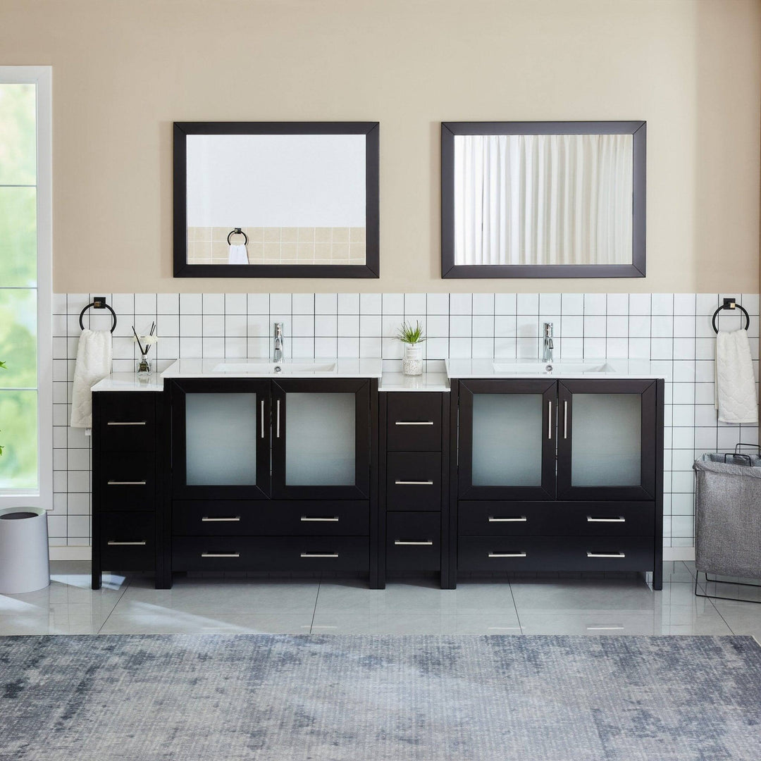 96" Double Sink Bathroom Vanity Set 10 Dove-Tailed Drawers, 3 Cabinets, 2 Shelves Soft-Closing Doors with Free Mirror