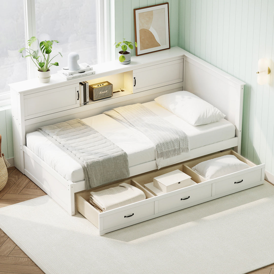 L-Shaped Corner Bed Frame with Drawer, Bookcase, LED Downlight and USB Port