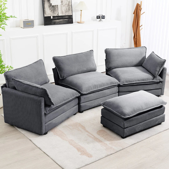 Corduroy Sectional Sofa with Removable Ottomans & Ultra-Soft Cushions for Living Room & Bedroom