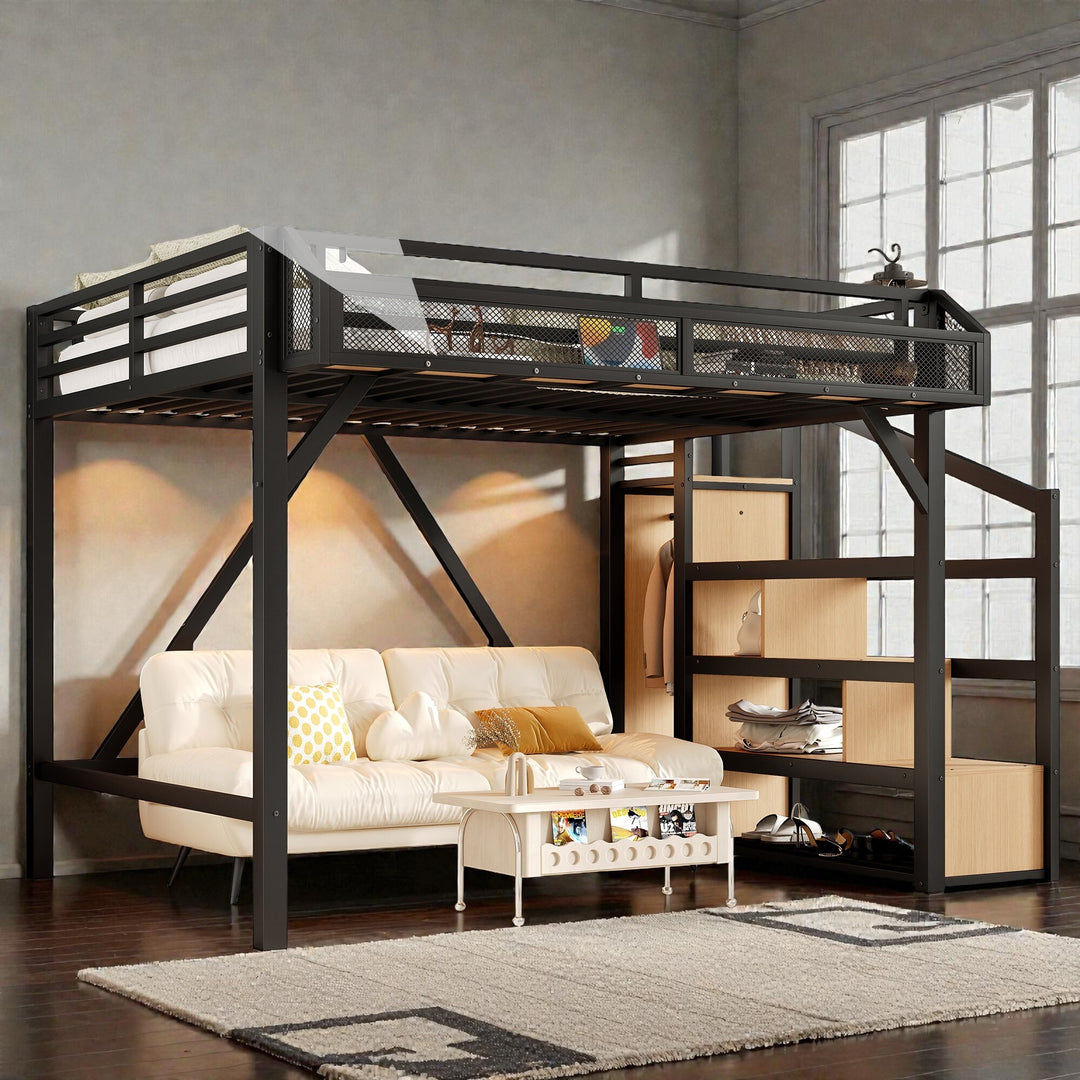 Metal Loft Bed with Storage Stairs, Built-In Wardrobe, Shelves, USB Ports, LED Lights & Noise-Reduced Frame