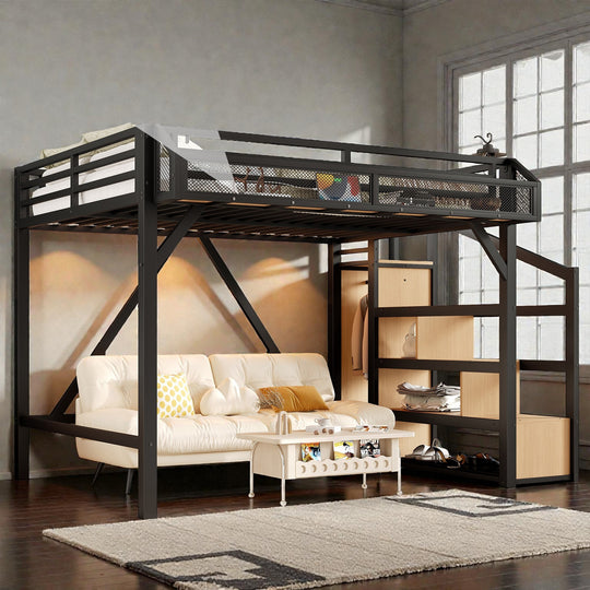 Metal Loft Bed with Storage Stairs, Built-In Wardrobe, Shelves, USB Ports, LED Lights & Noise-Reduced Frame