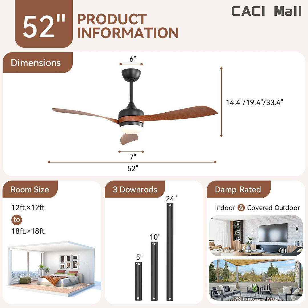 Sofucor 52/60 Inch Ceiling Fan with Integrated LED Light and Remote Control Quiet DC Motor