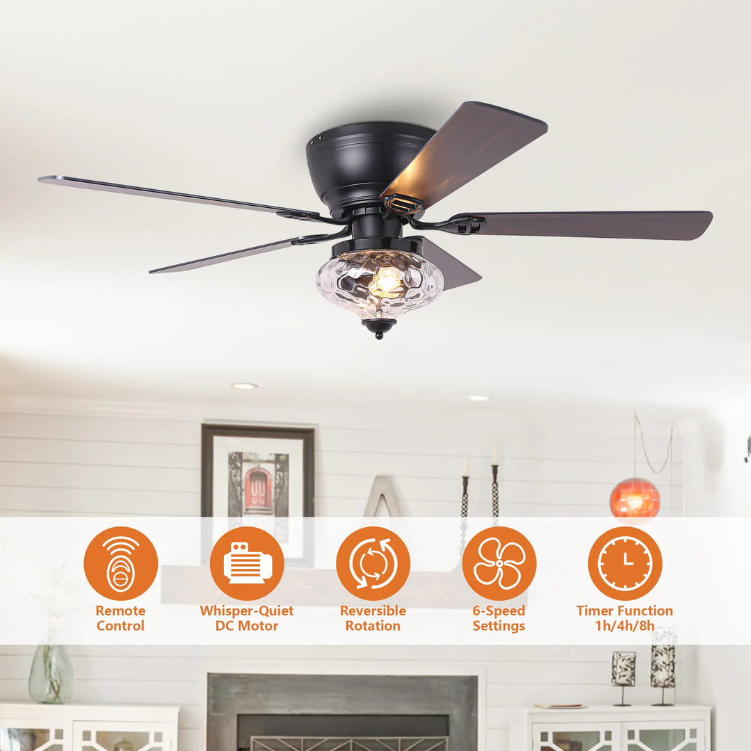 52" Modern Matte Black Reversible Flush Mount Ceiling Fan with Light and Remote - 52 In. D X 52 In. W X 14 In. H