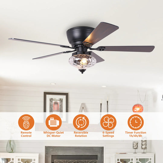 52" Modern Matte Black Reversible Flush Mount Ceiling Fan with Light and Remote - 52 In. D X 52 In. W X 14 In. H