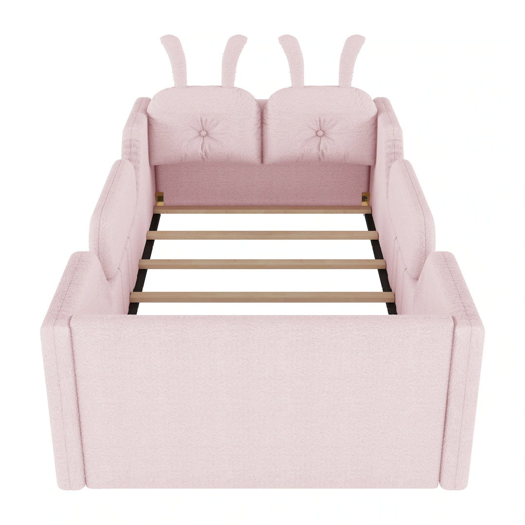 Twin Size Upholstered Platform Bed with Rabbit Cushion, Floor Upholstered Bed with Removable Side Rails