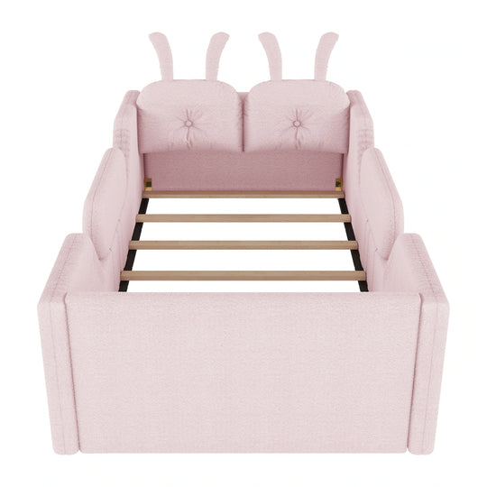 Twin Size Upholstered Platform Bed with Rabbit Cushion, Floor Upholstered Bed with Removable Side Rails