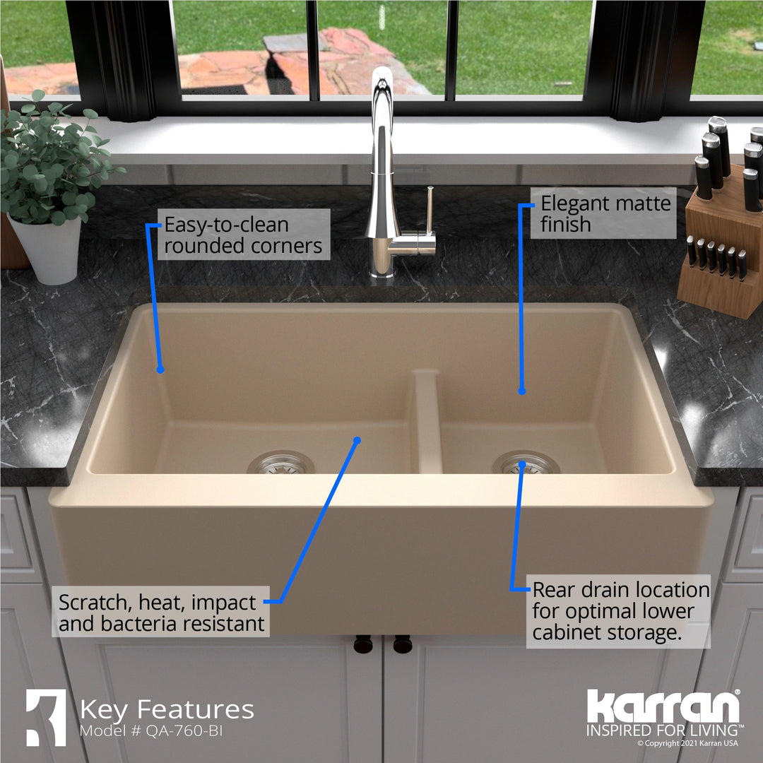 Farmhouse/Apron-Front Quartz Double Bowl Kitchen Sink