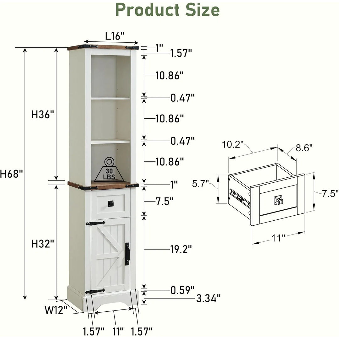Farmhouse Slim Bathroom Storage Cabinet, 68" Tall Storage Cabinet