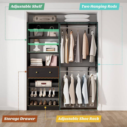 5FT Closet System with 2 Hanging Rods and Wooden Drawer, Walk-In Closet Organizer with 2 Wing Shelve and Adjustable Rack Shelves