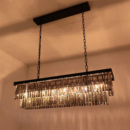 47 In. Smoked Gray and Black Modern Contemporary Crystal Chandelier 2-Tier Linear Kitchen Island Pendant Light for Dining Room