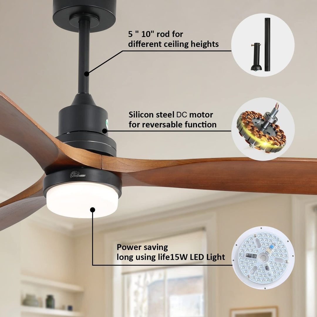 Sofucor 42"/48"/ 52"/60"Noiseless Walnut Wood Ceiling Fan with Remote Control, Integrated Light Optional